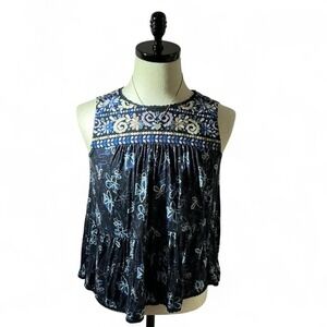 One September Embroidered Tank Top‎ Sleeveless Tiered Blue Floral Anthropologie